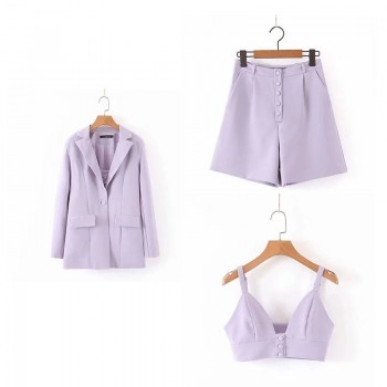 Three piece set professinal suit women 2020 autumn winter solid purple long blazer high waist suit shorts strap tube crop top